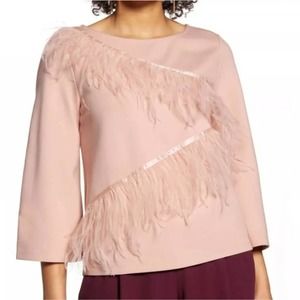 Halogen Zigzag Feather Trim Ponte Top Pink Size S